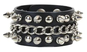 Black leather bracelet w/ 3 rows of silver tree spikes, chain and round stud detail