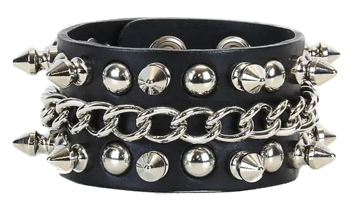 Black leather bracelet w/ 3 rows of silver tree spikes, chain and round stud detail