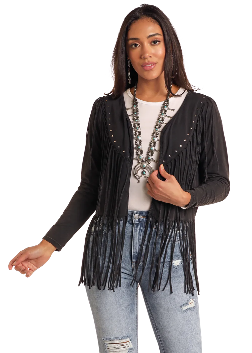 Black Studded Fringe Trim Cardigan