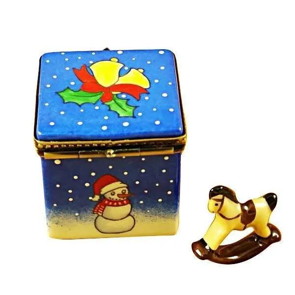 Blue Christmas Cube Limoges Box with Rocking Toy