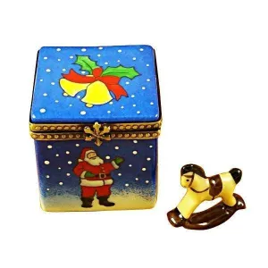 Blue Christmas Cube Limoges Box with Rocking Toy