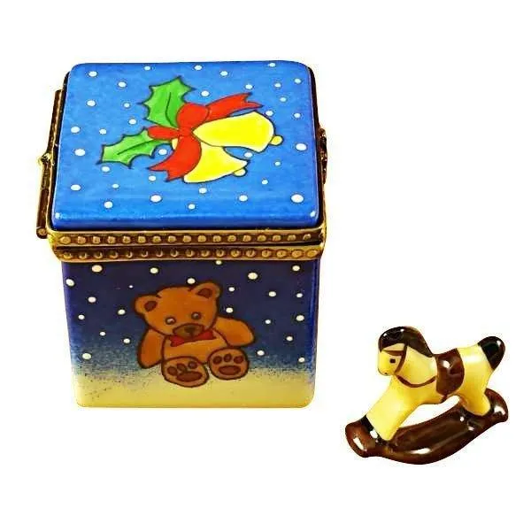 Blue Christmas Cube Limoges Box with Rocking Toy