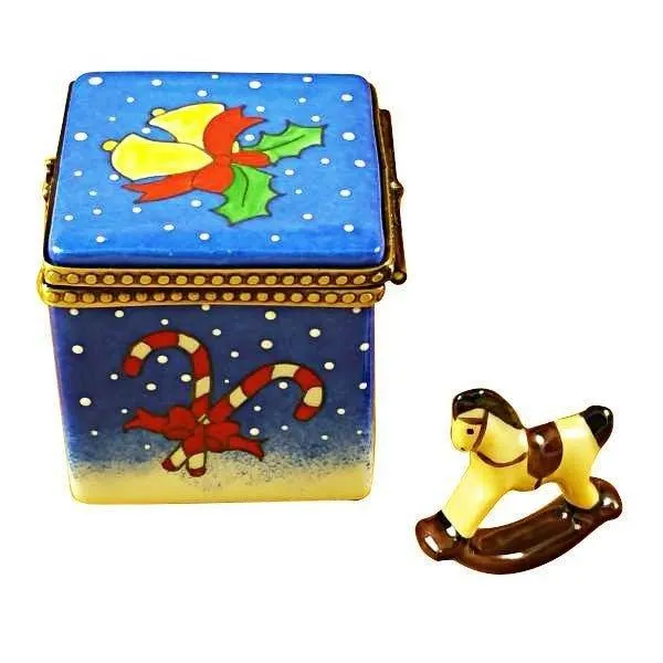 Blue Christmas Cube Limoges Box with Rocking Toy