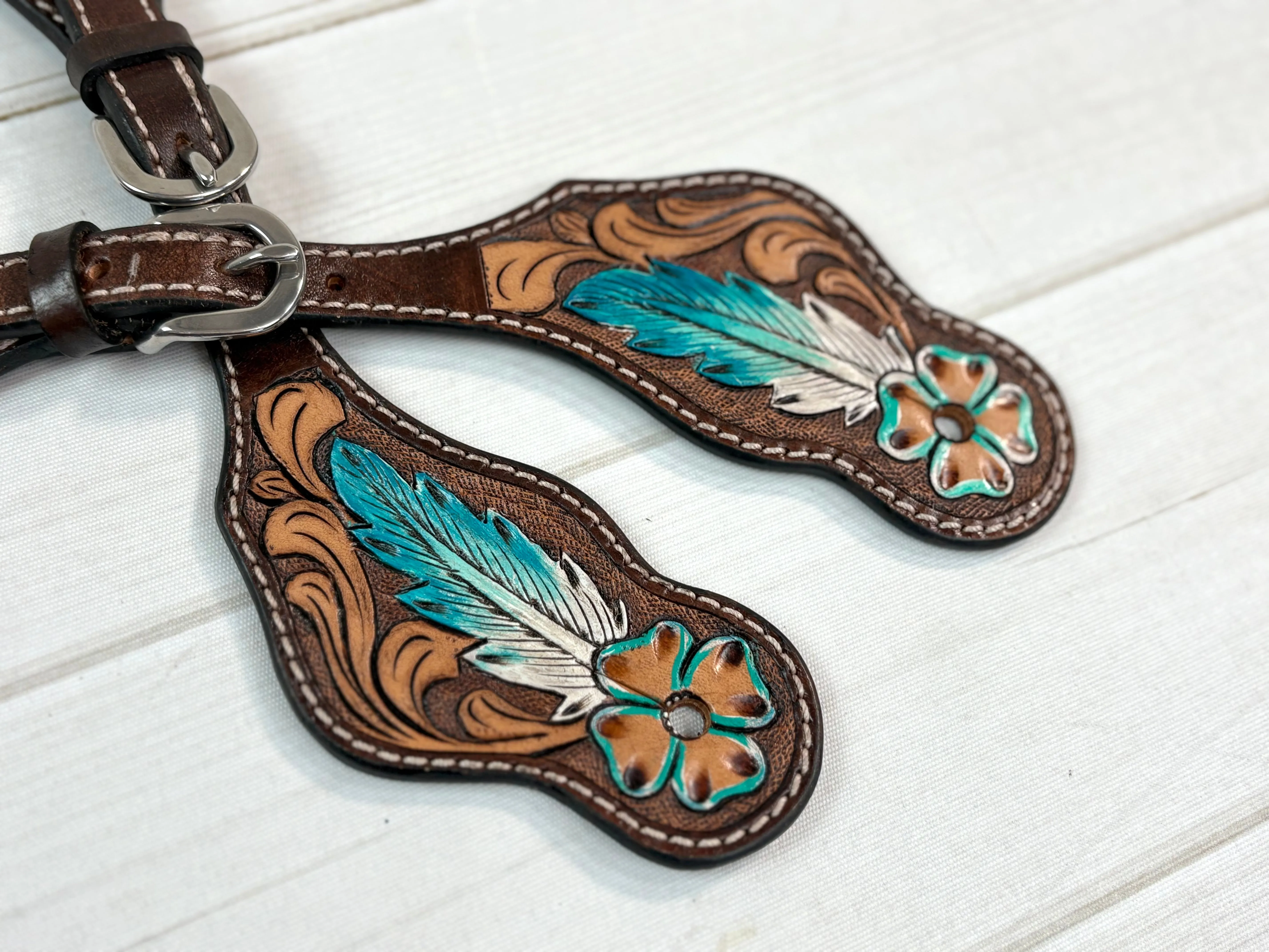 Blue Feather Tooled Leather Spur Straps