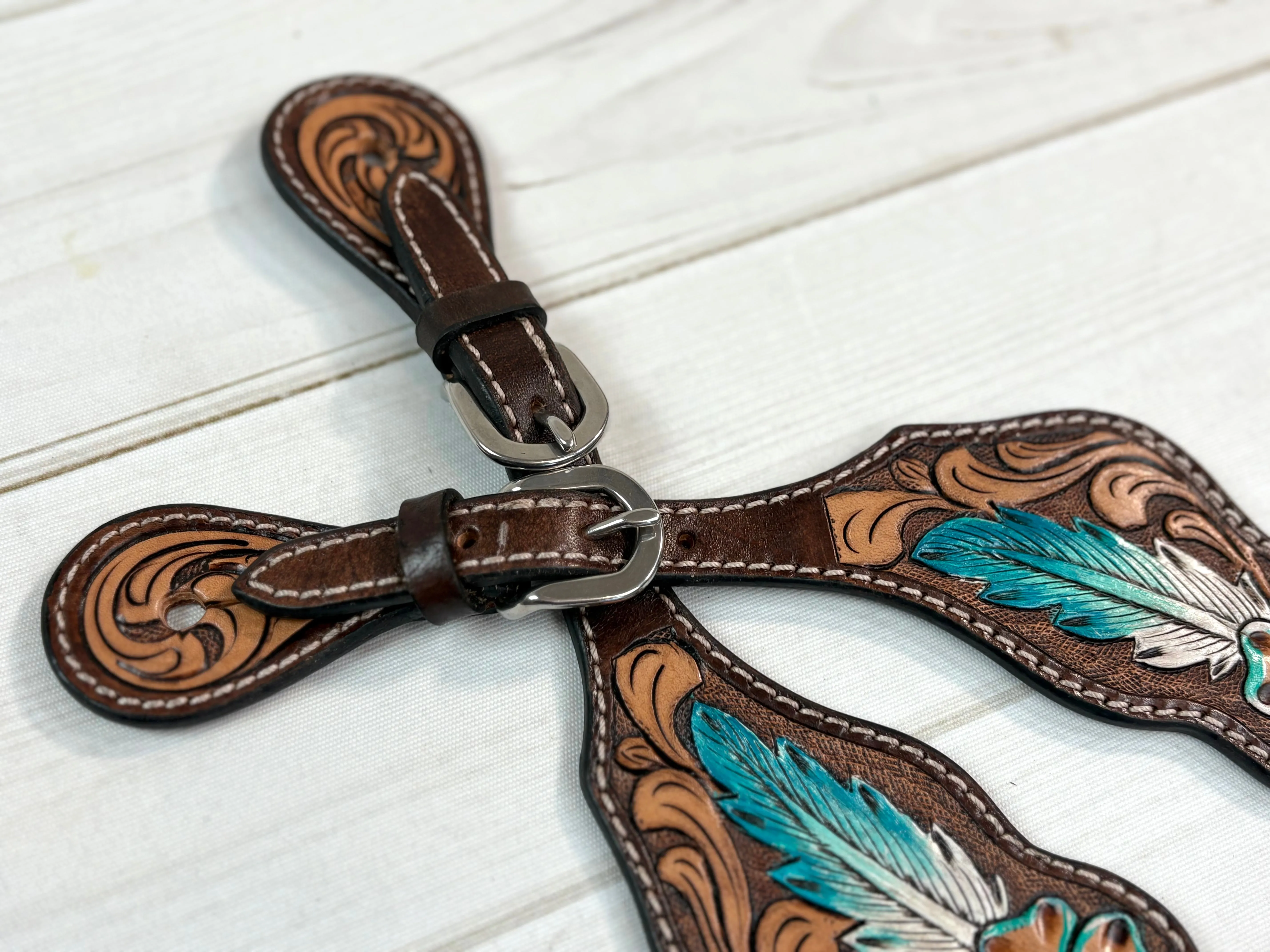 Blue Feather Tooled Leather Spur Straps