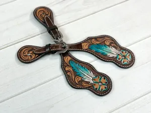 Blue Feather Tooled Leather Spur Straps