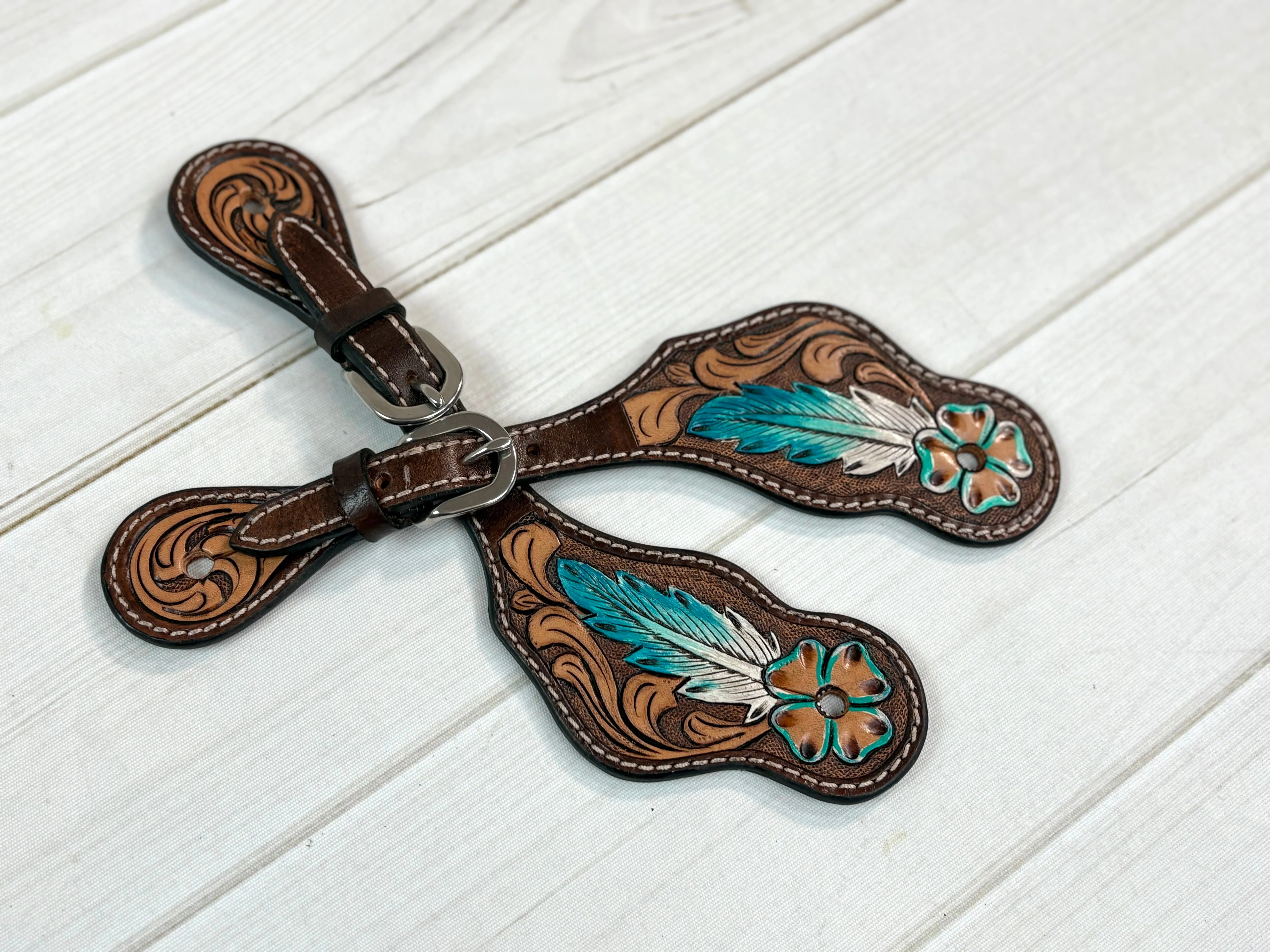 Blue Feather Tooled Leather Spur Straps