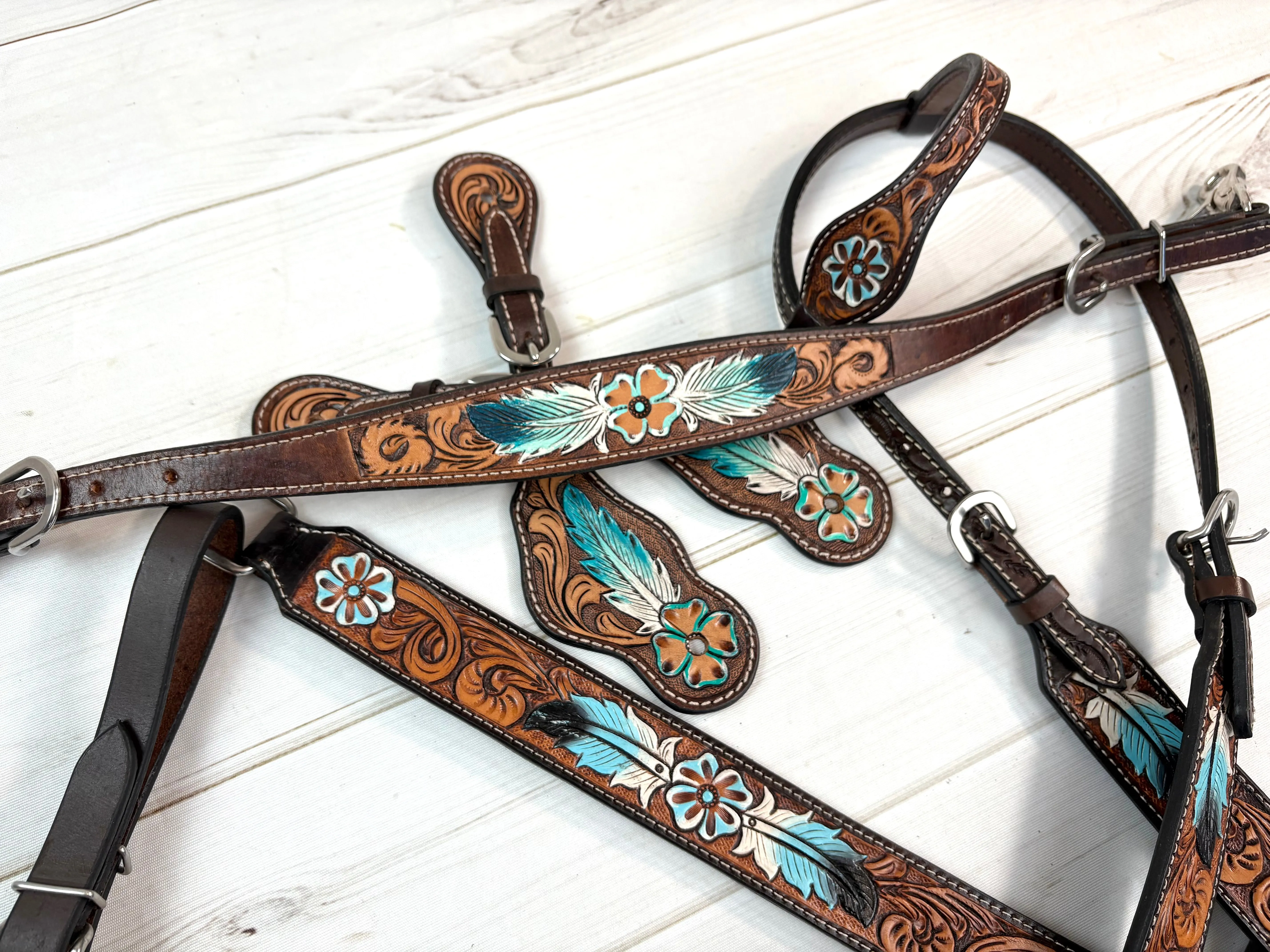 Blue Feather Tooled Leather Spur Straps