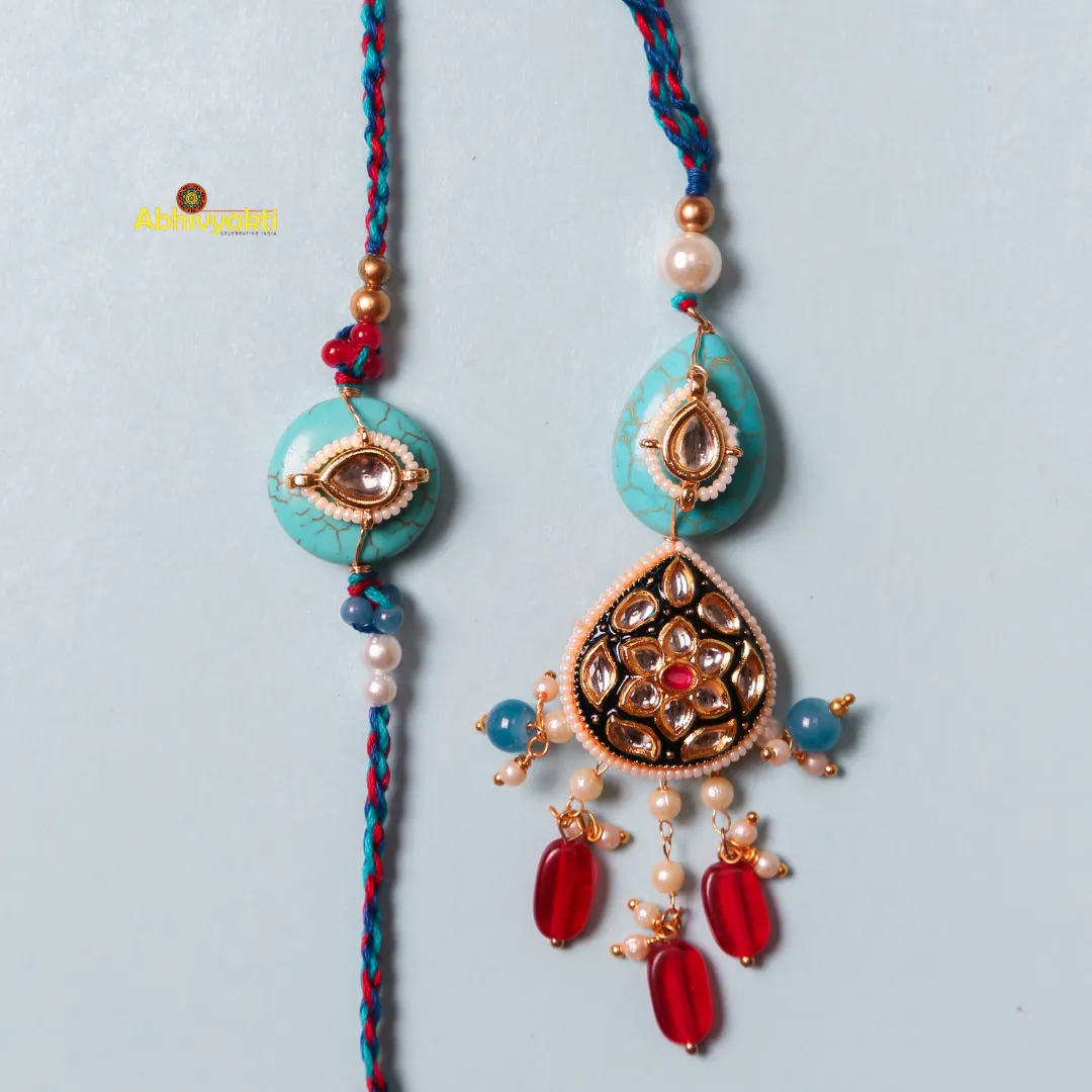 Blue Stone Kundan Studded Rakhi Lumba INDIA (FREE SHIPPING)