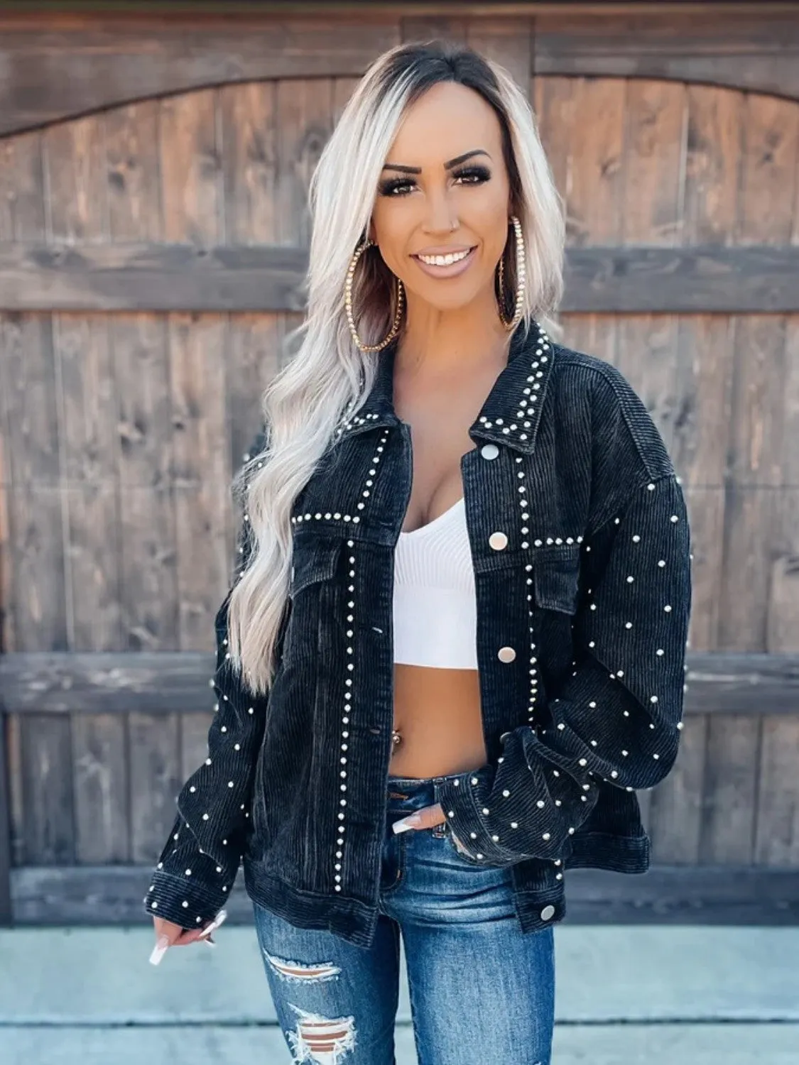 Boho Style Studded Collared Button Down Jacket (2 Colors)