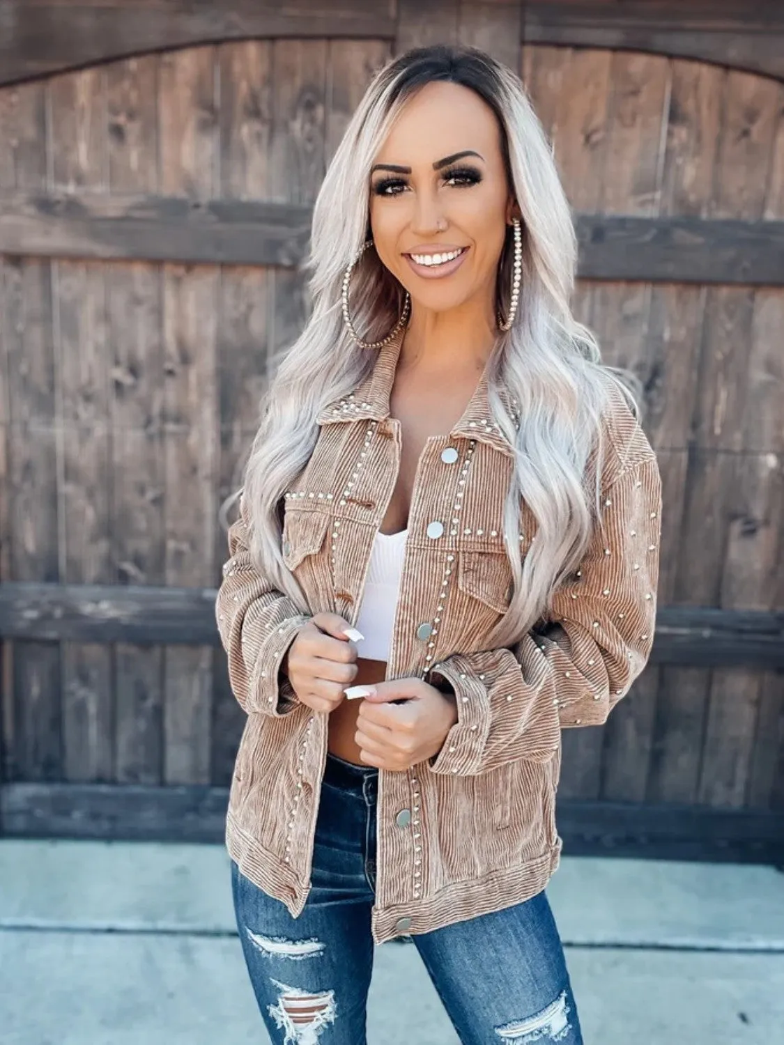 Boho Style Studded Collared Button Down Jacket (2 Colors)
