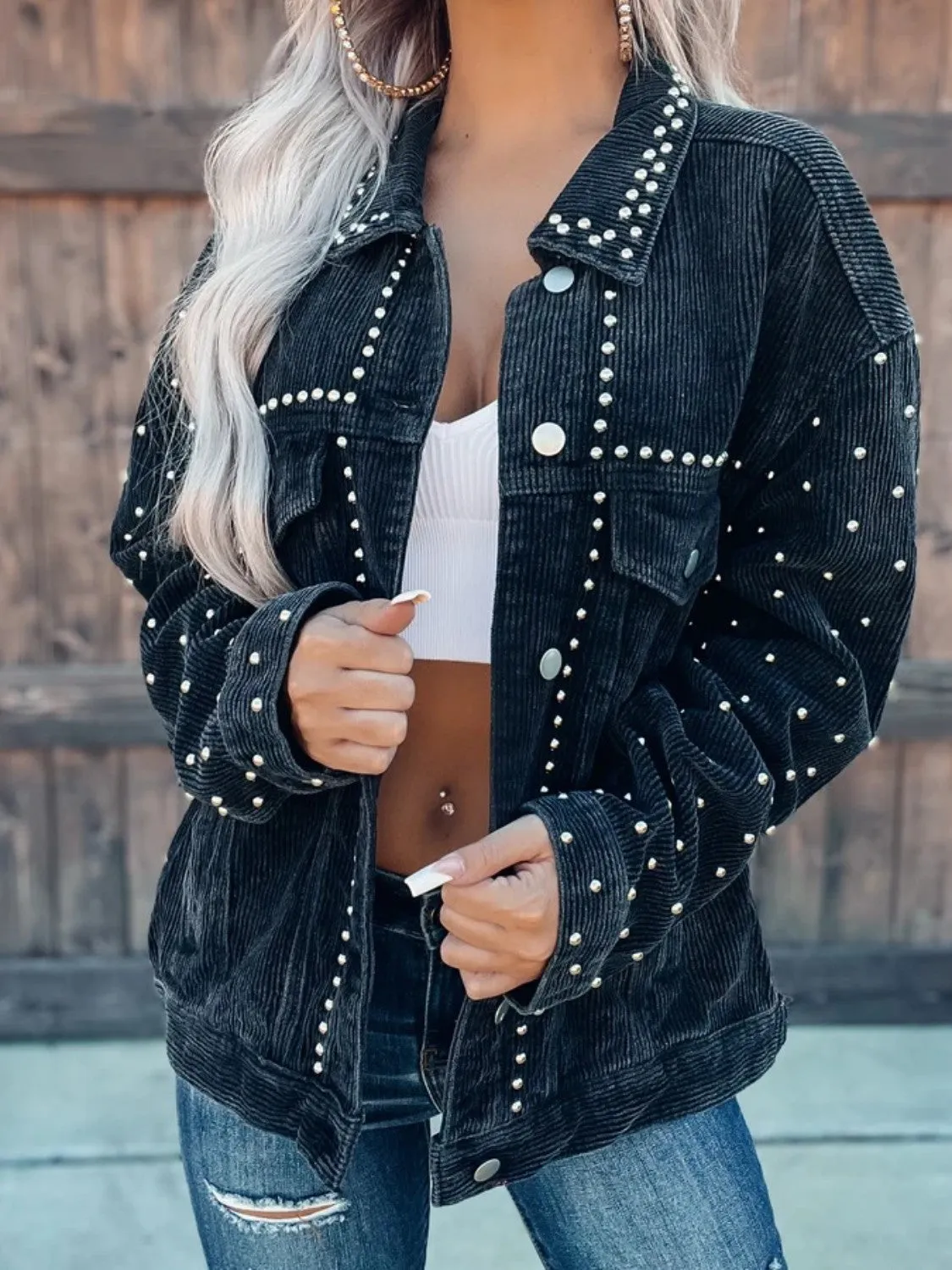 Boho Style Studded Collared Button Down Jacket (2 Colors)