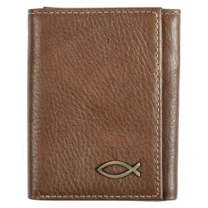 Brown Leather Trifold Wallet with Fish