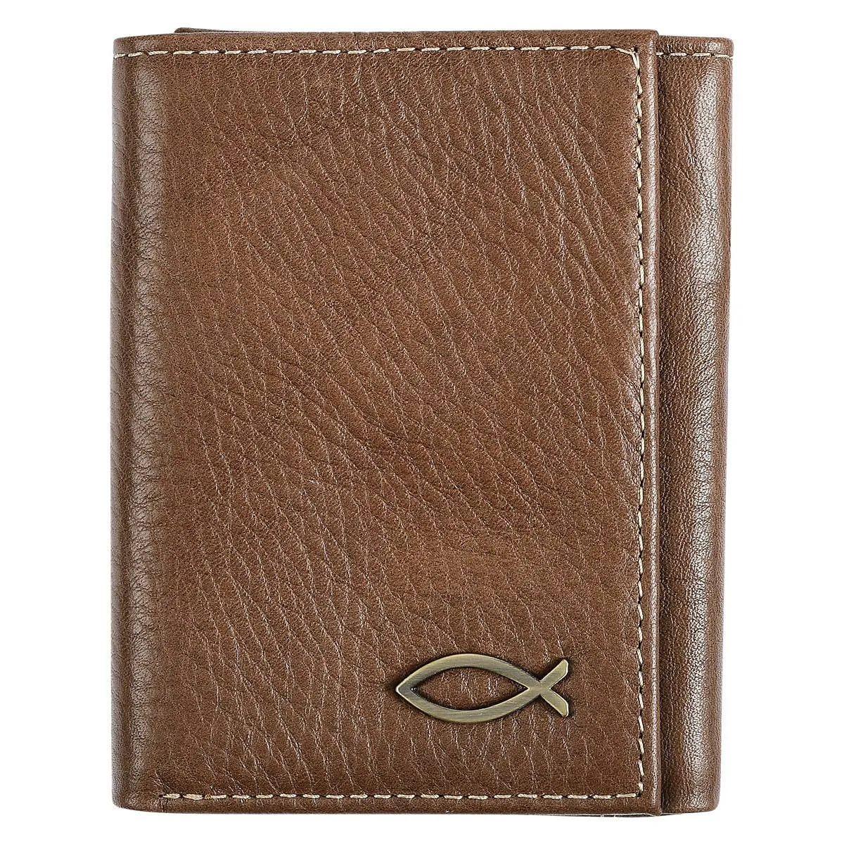 Brown Leather Trifold Wallet with Fish