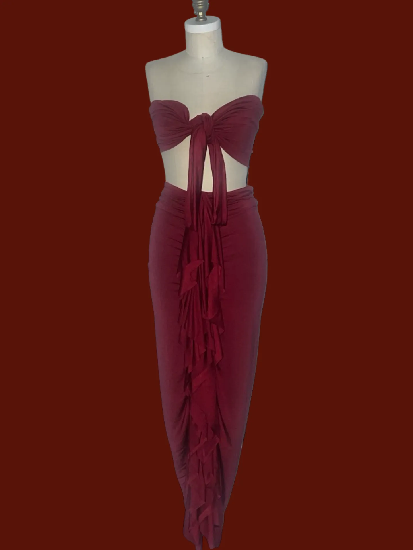 BURGUNDY CONVERTIBLE RUFFLED MAXI DRESS/SKIRT SET