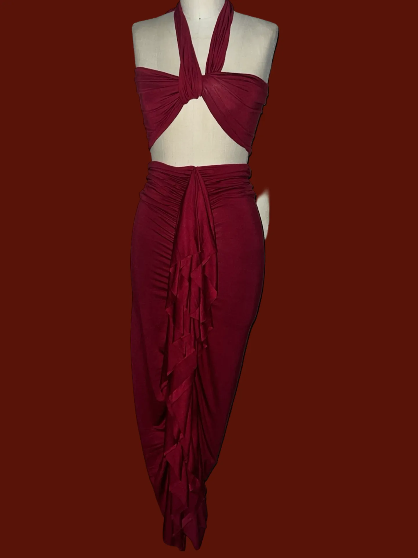 BURGUNDY CONVERTIBLE RUFFLED MAXI DRESS/SKIRT SET