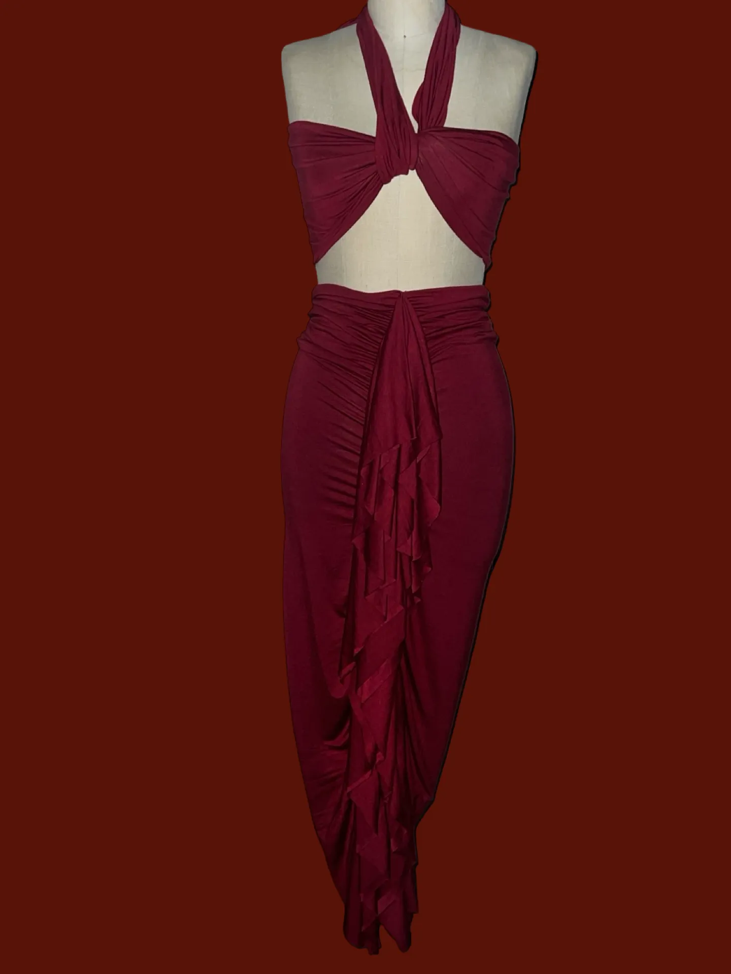 BURGUNDY CONVERTIBLE RUFFLED MAXI DRESS/SKIRT SET