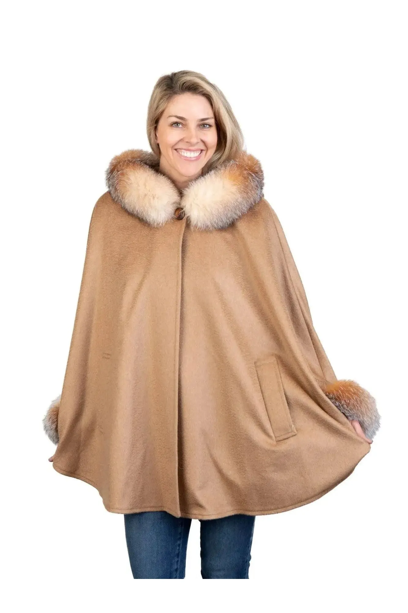 Camel Wool Cape w/ Fox Hood