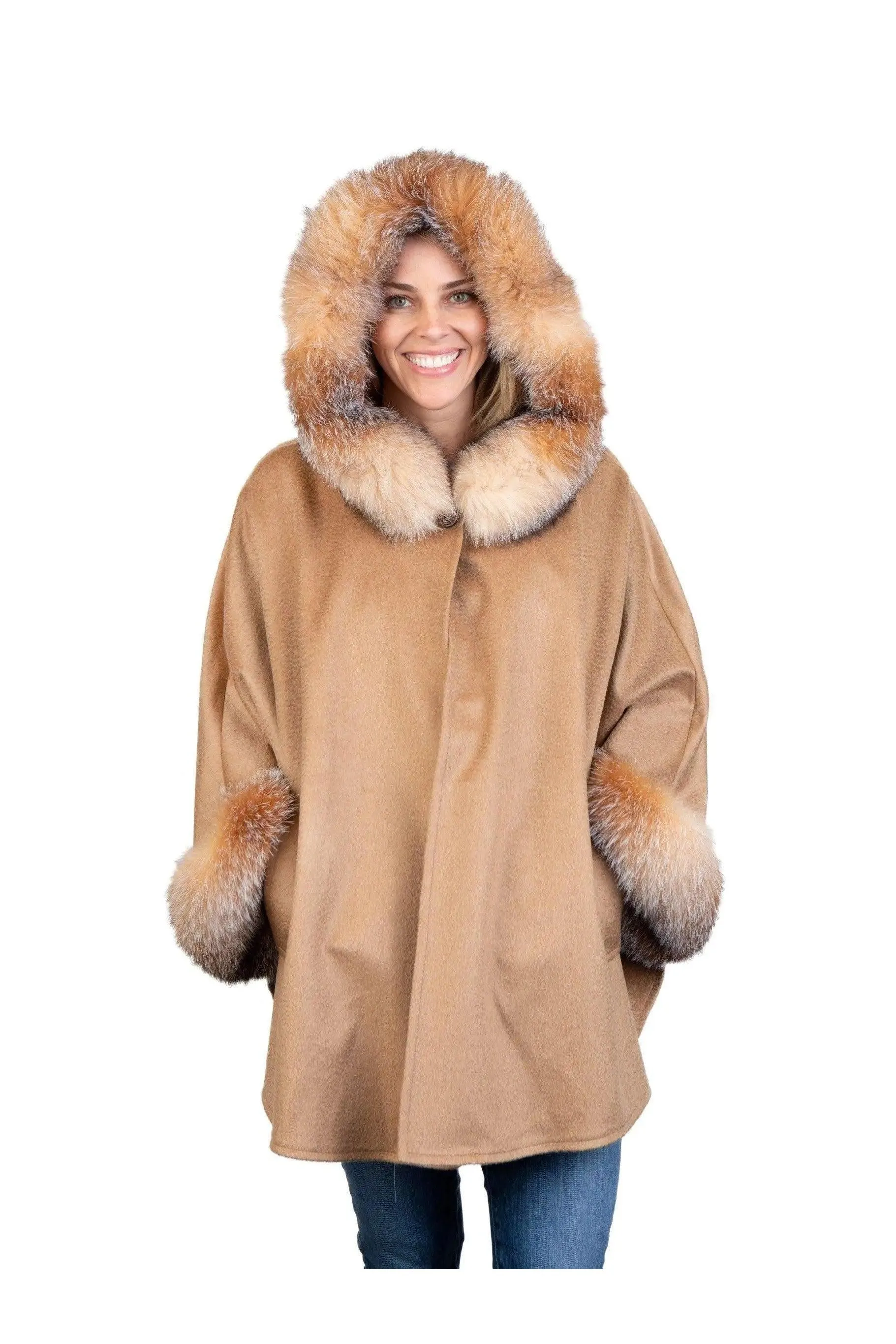 Camel Wool Cape w/ Fox Hood