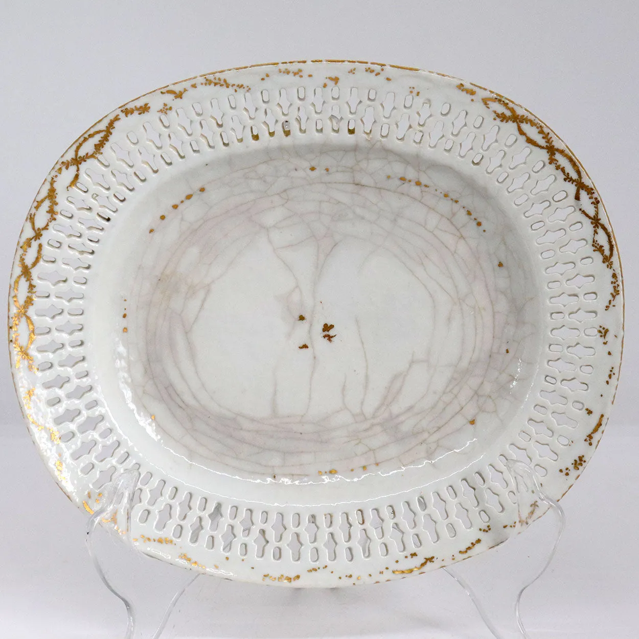Chinese Export Porcelain Oval Reticulated Gold Trim Serving Dish