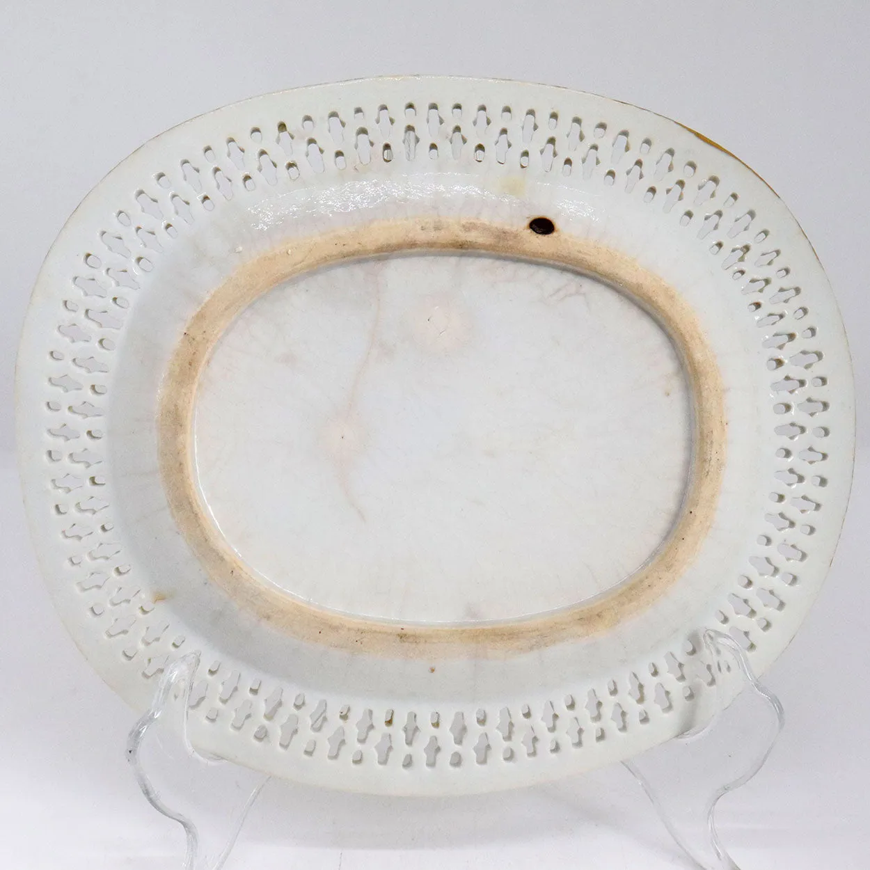 Chinese Export Porcelain Oval Reticulated Gold Trim Serving Dish