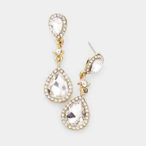 Clear Pear Crystal Gold Evening Earrings