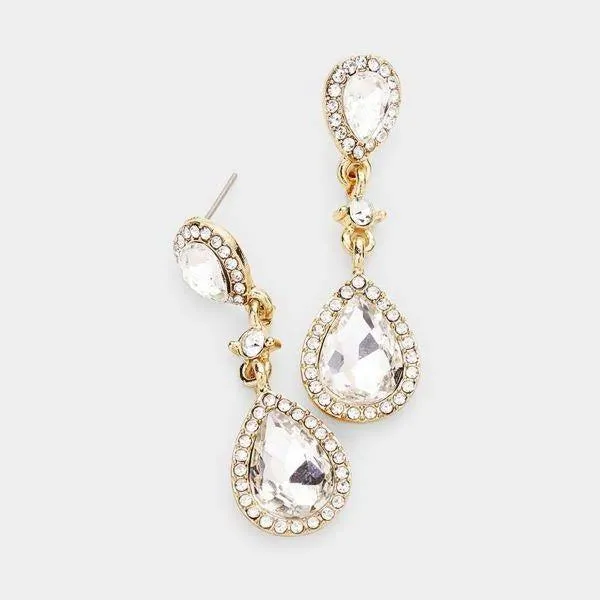 Clear Pear Crystal Gold Evening Earrings
