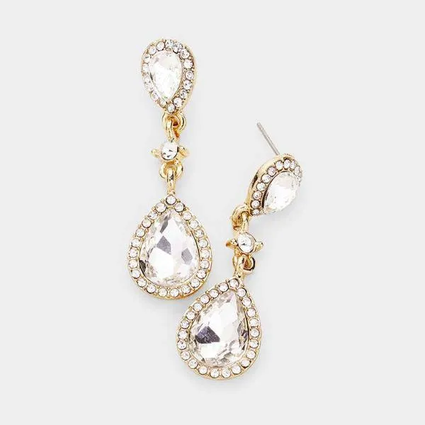 Clear Pear Crystal Gold Evening Earrings