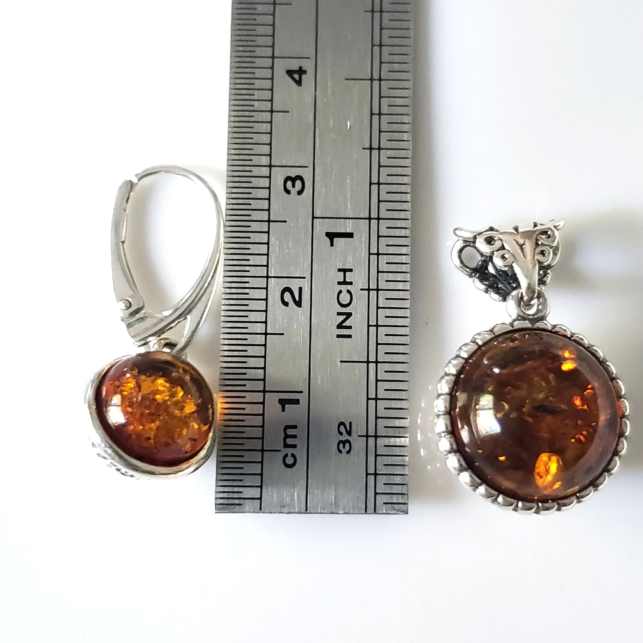 Cognac Amber Round Beads Jewelry Set in Silver