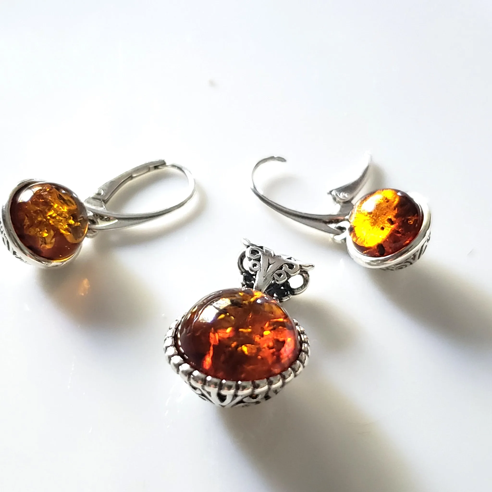 Cognac Amber Round Beads Jewelry Set in Silver