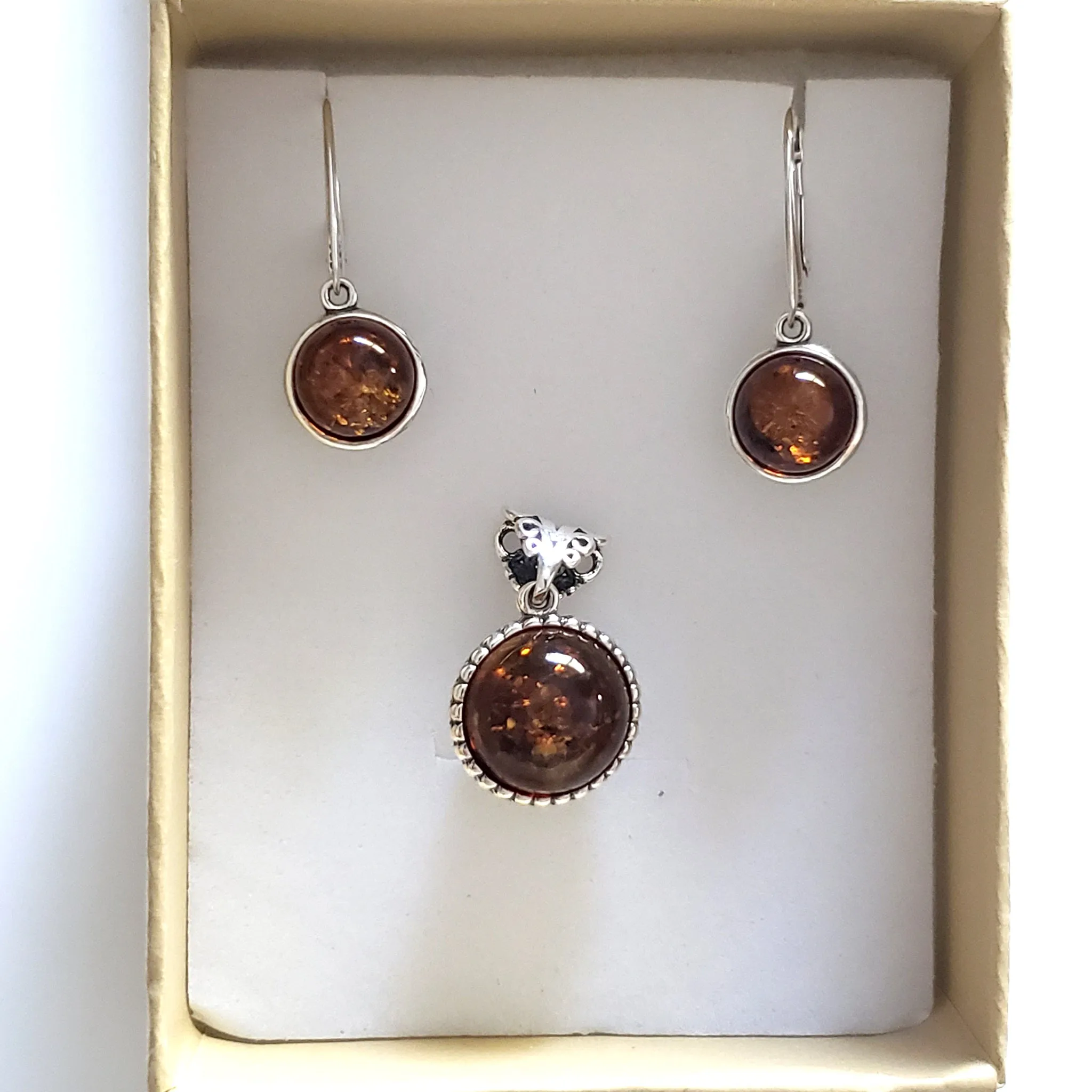 Cognac Amber Round Beads Jewelry Set in Silver