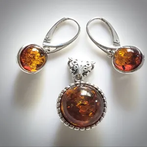 Cognac Amber Round Beads Jewelry Set in Silver