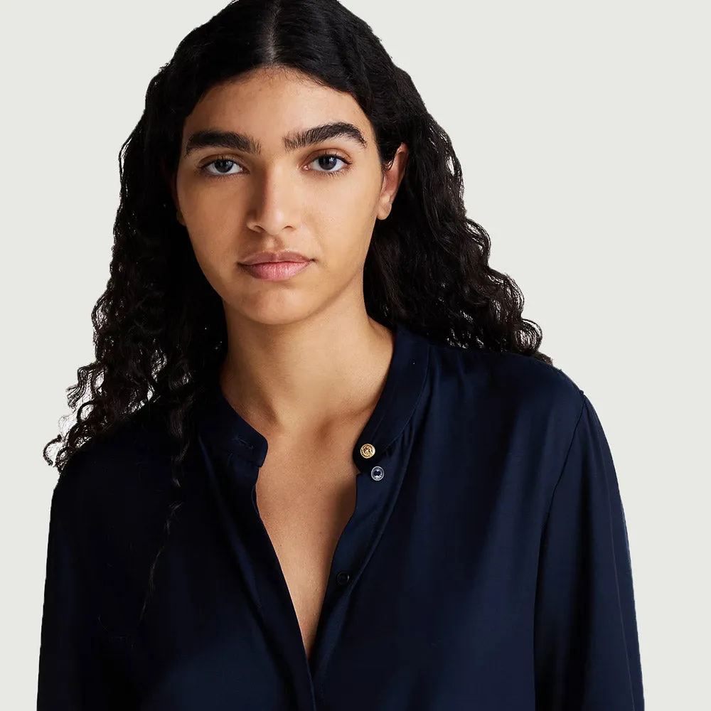 Collarless Shirt Dress - Navy