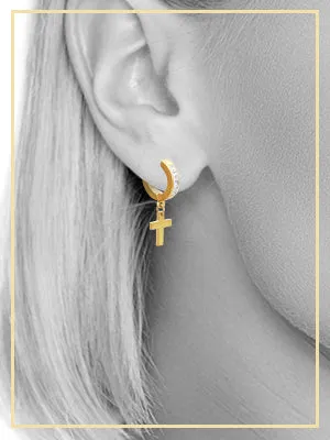 Cubic Zirconia Cross Pendant Huggie Hoops 14K Gold Plated Silver Black Earrings