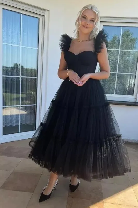Cute Black Tulle Ruffles Formal Prom Party Dress
