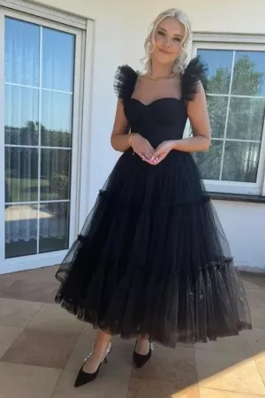 Cute Black Tulle Ruffles Formal Prom Party Dress