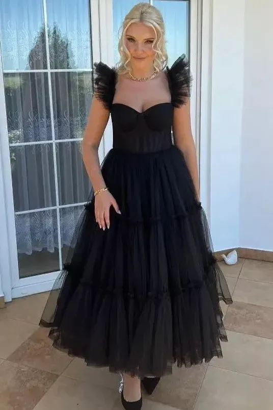 Cute Black Tulle Ruffles Formal Prom Party Dress