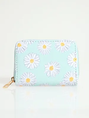 Daisy Print Zip Around Purse - Light Blue