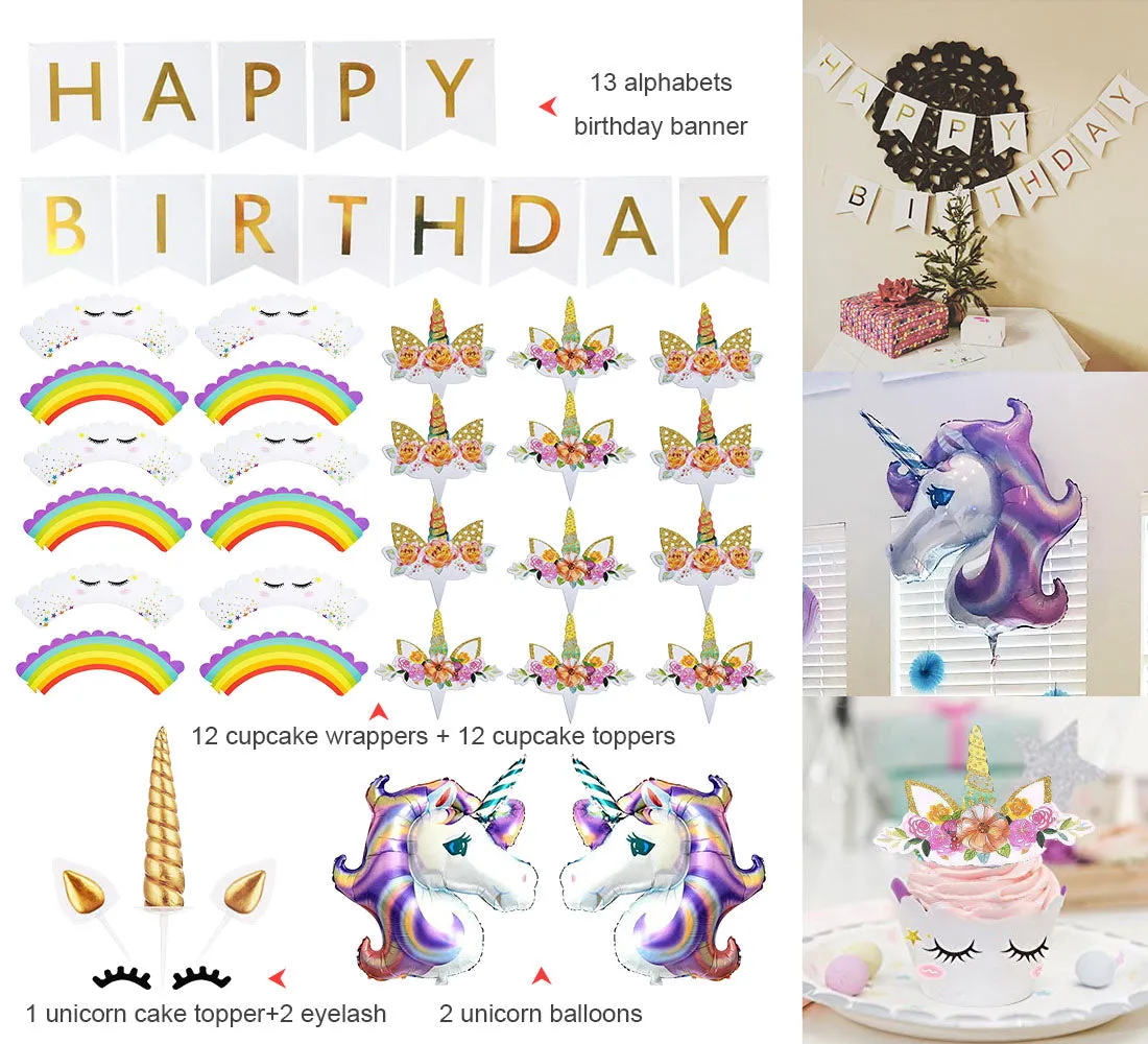 Daisyformals Unicorn Cake Topper with 12 Pcs Cupcake Toppers Wrappers and Happy Birthday Banner plus 2 Pcs Unicorn Balloons,Unicorn Party Supplies for Girls Boys Birthday Party Wedding Baby Shower(16 Packs)