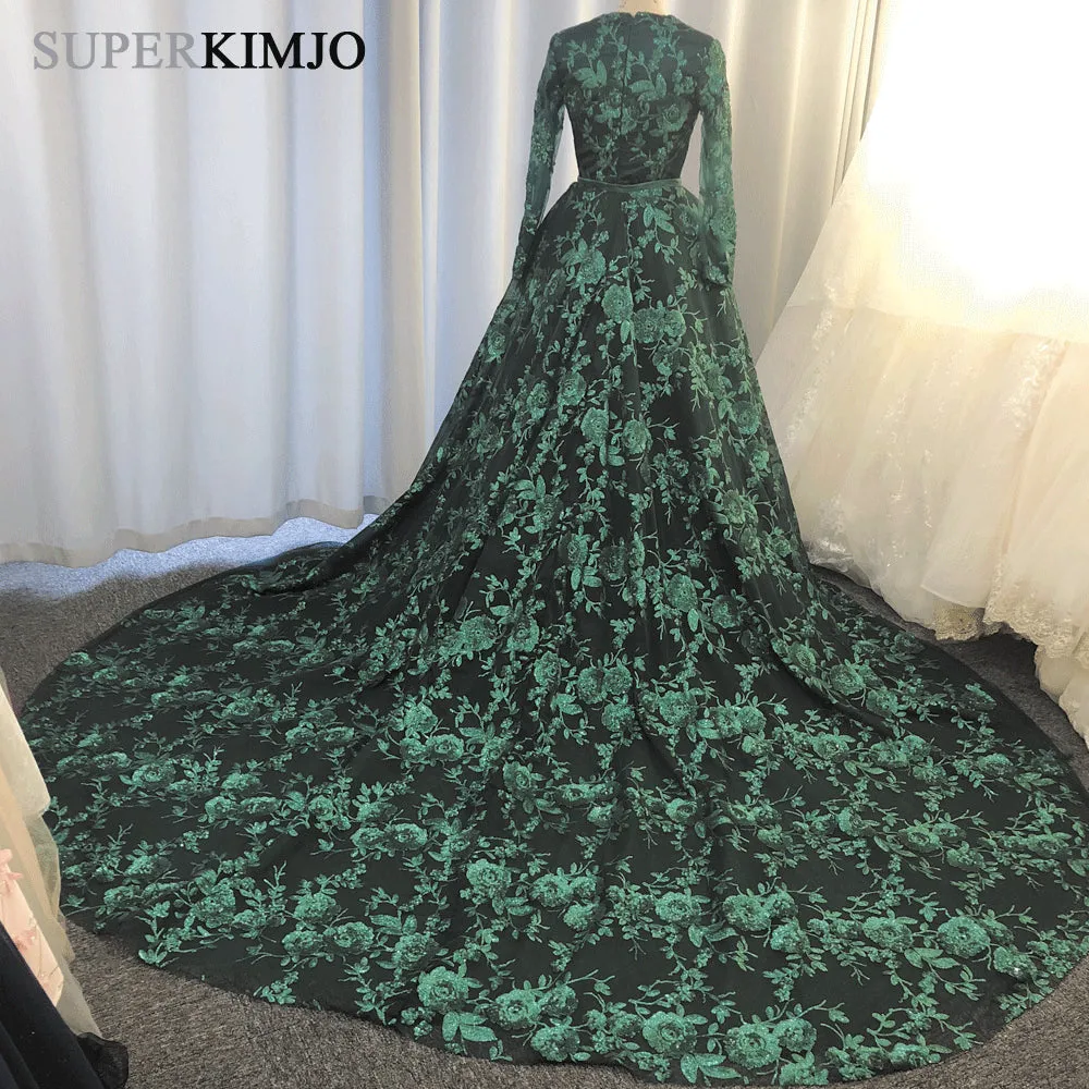 dark green evening dresses 2020 detachable skirt sequin appliqué elegant long sleeve evening gown