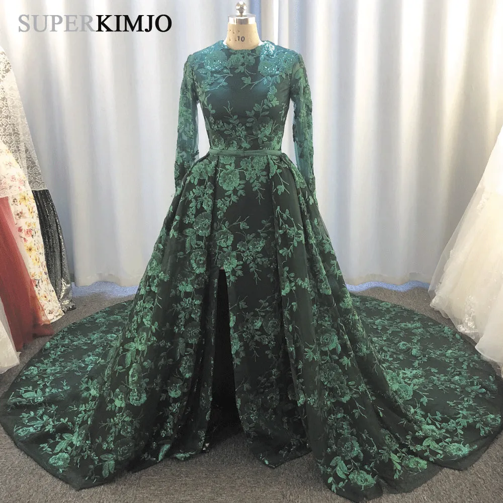 dark green evening dresses 2020 detachable skirt sequin appliqué elegant long sleeve evening gown
