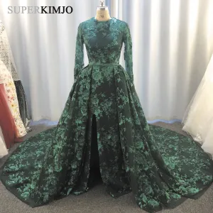 dark green evening dresses 2020 detachable skirt sequin appliqué elegant long sleeve evening gown