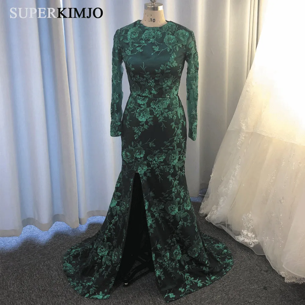 dark green evening dresses 2020 detachable skirt sequin appliqué elegant long sleeve evening gown