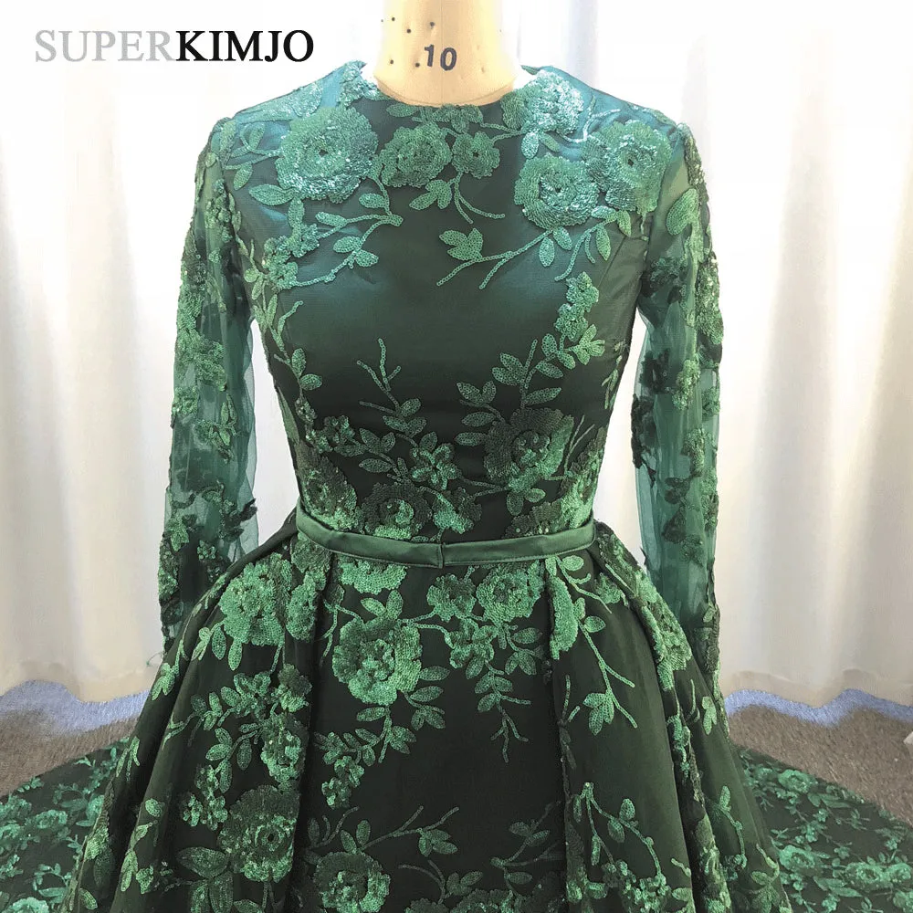 dark green evening dresses 2020 detachable skirt sequin appliqué elegant long sleeve evening gown