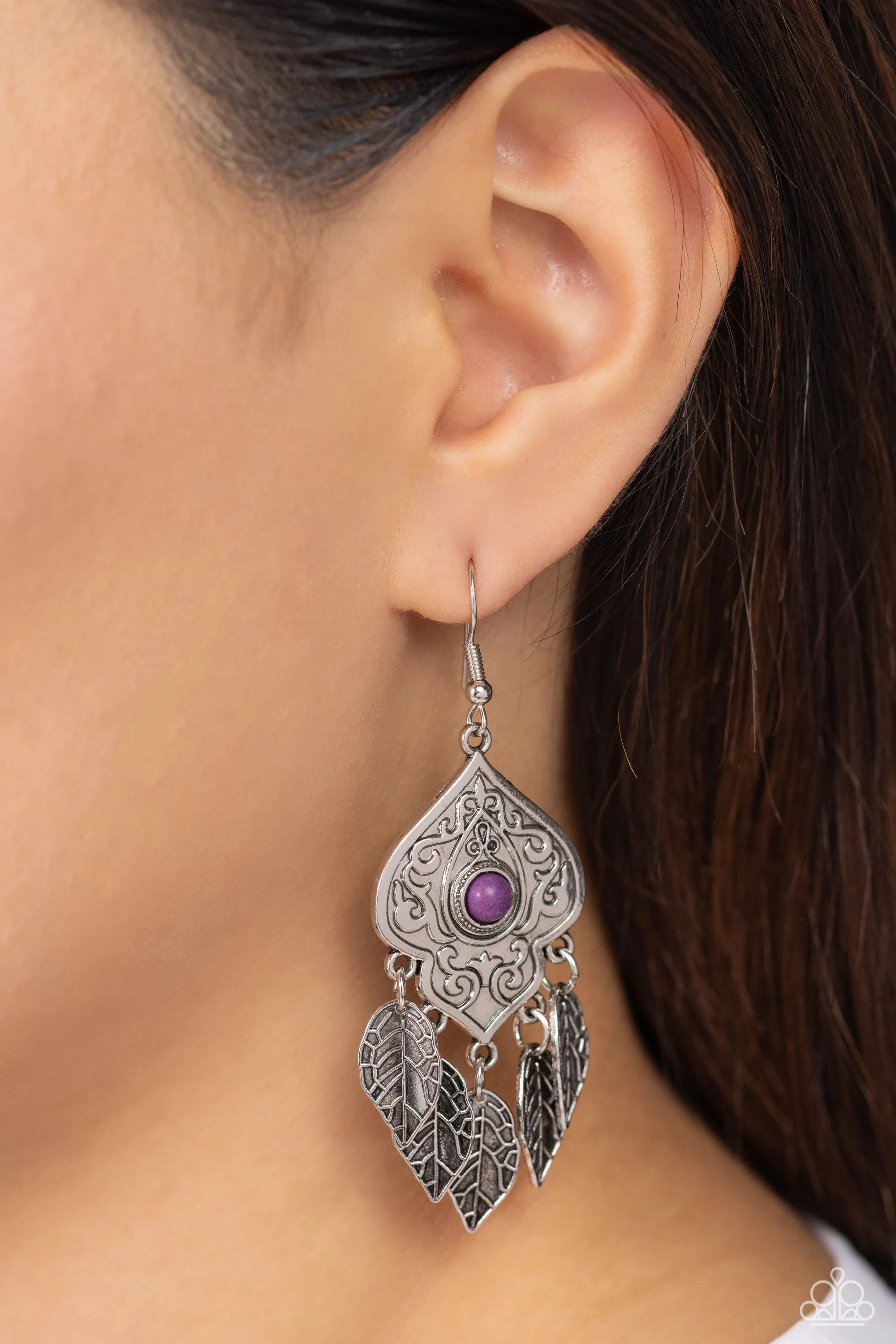 Desert Canopy - Purple - Crackle Stone Silver Leaf Paparazzi Fishhook Earrings