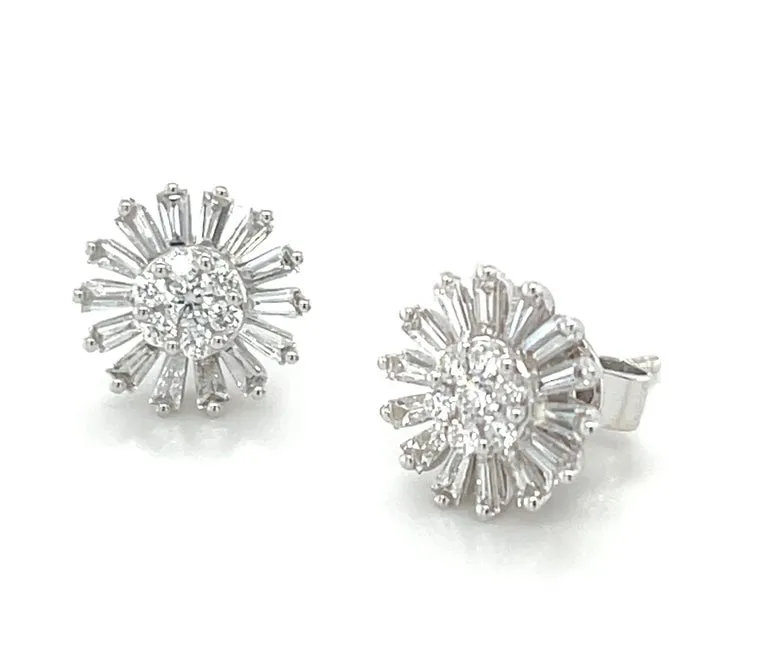 Diamond Baguette Sunflower Earrings in 18k White Gold, .64 Carats Total