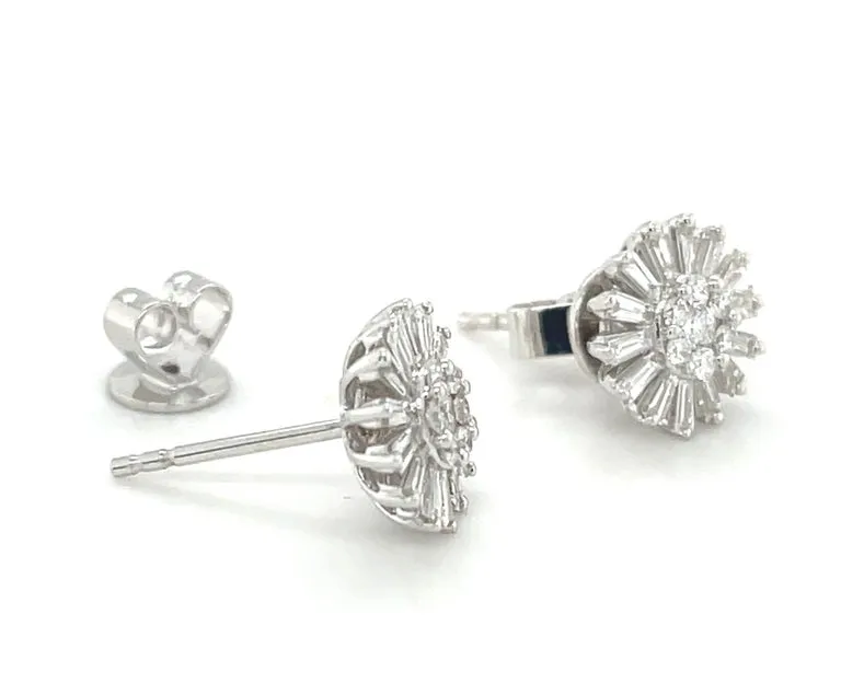 Diamond Baguette Sunflower Earrings in 18k White Gold, .64 Carats Total