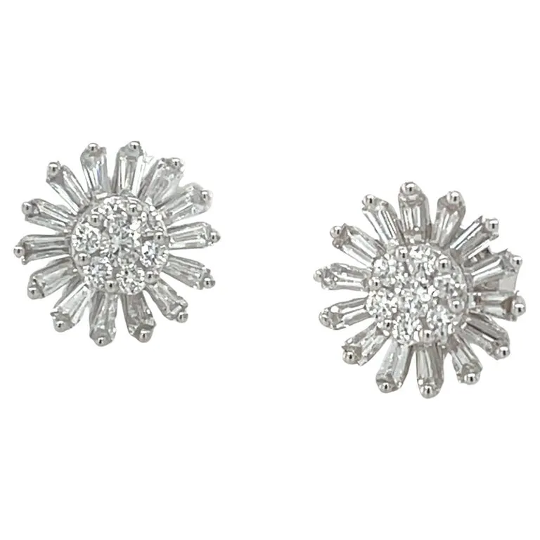 Diamond Baguette Sunflower Earrings in 18k White Gold, .64 Carats Total