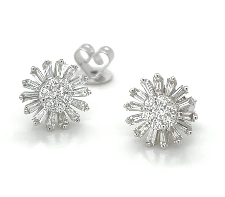 Diamond Baguette Sunflower Earrings in 18k White Gold, .64 Carats Total