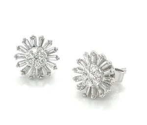 Diamond Baguette Sunflower Earrings in 18k White Gold, .64 Carats Total